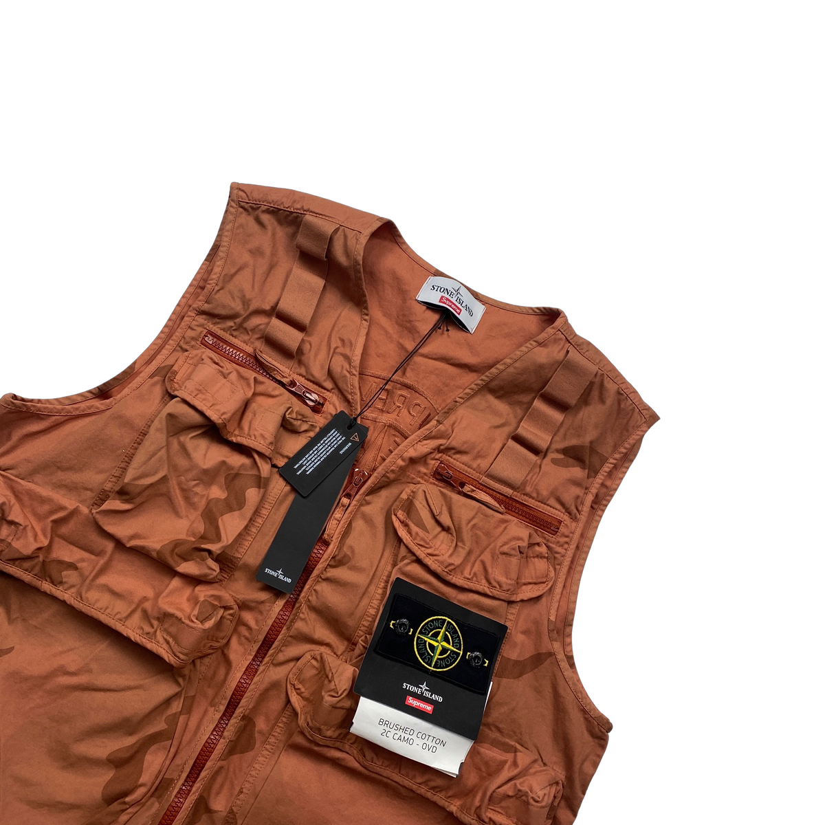 Supreme stone island camo cargo vest hot sale black camo