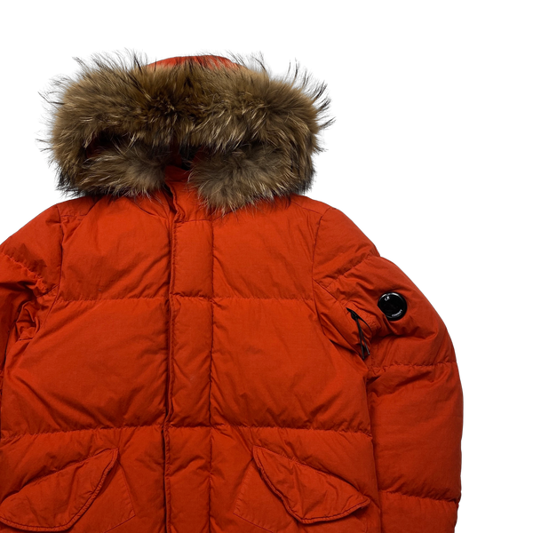 CP Company Orange 50 Fili Down Filled Coyote Fur Parka Jacket - Small