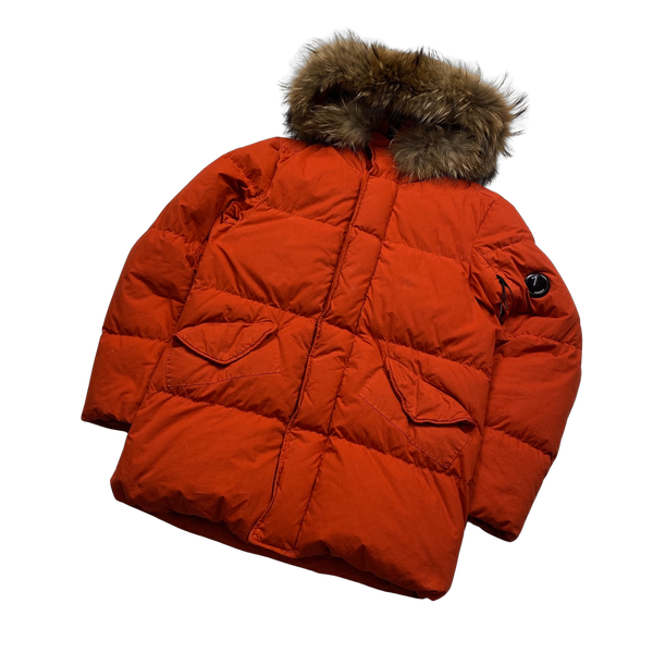 CP Company Orange 50 Fili Down Filled Coyote Fur Parka Jacket - Small