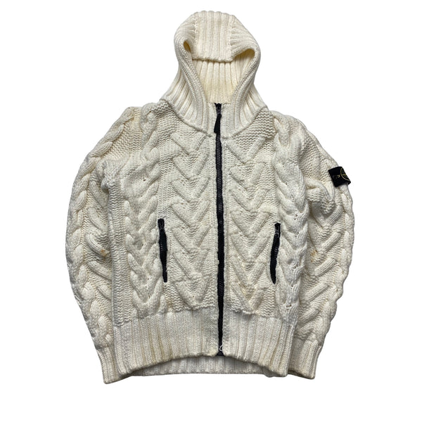 Stone Island 2008 White Cable President Knit Zipped Jumper - XL 