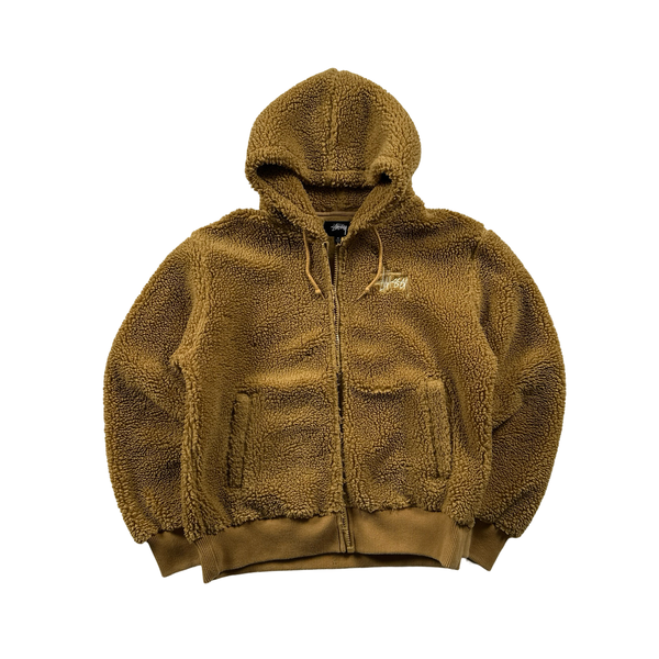 Stussy Teddy Fleece Zipped Hooded Spellout Jumper - Medium