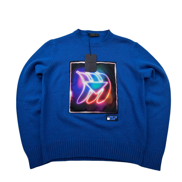 Prada Blue Virgin Wool Graphic Crewneck Jumper - Large