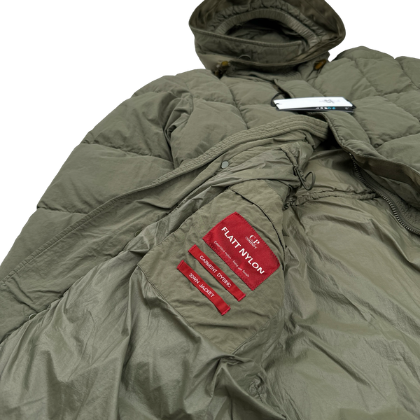 CP Company Khaki Flatt Nylon Down Filled Lens Viewer Long Puffer Jacket - Small