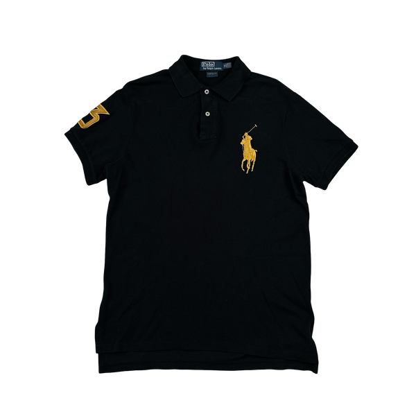 Ralph Lauren Black Cotton Gold Embroidered Big Logo Polo Shirt - Medium