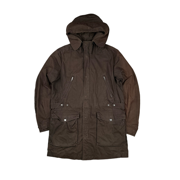 CP Company 2005 Brown Cotton Blend Lino Flax Lined Long Parka Jacket - Large
