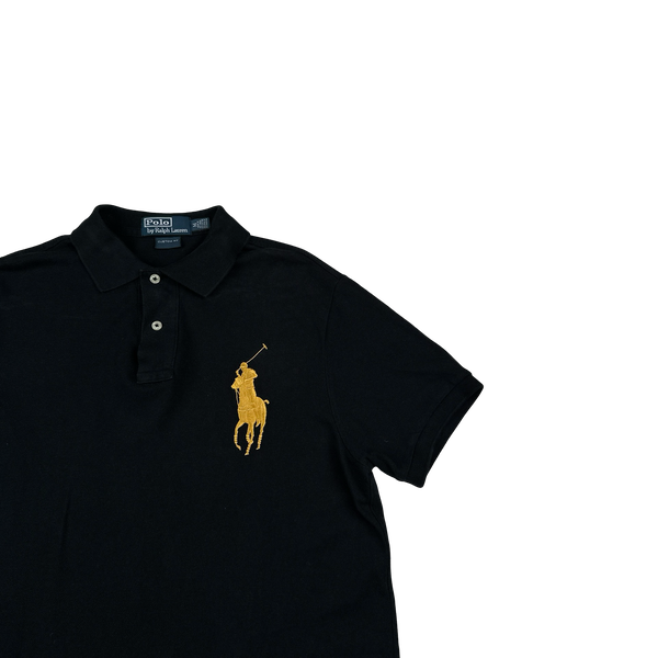 Ralph Lauren Black Cotton Gold Embroidered Big Logo Polo Shirt - Medium
