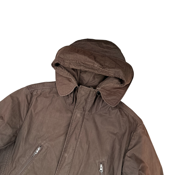 CP Company 2005 Brown Cotton Blend Lino Flax Lined Long Parka Jacket - Large