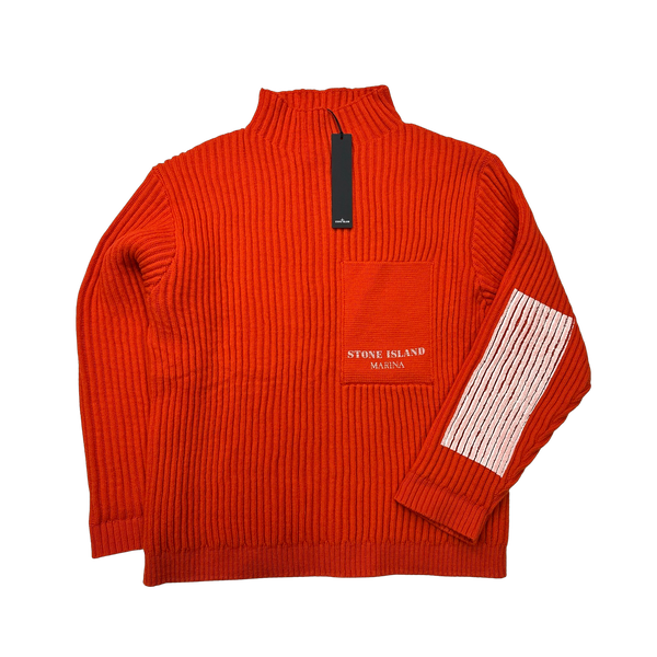 Stone Island 2023 Bright Red Lana Wool Painted Marina Ribbed Roll Neck - Large