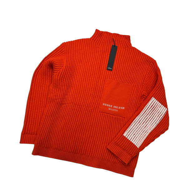 Stone Island 2023 Bright Red Lana Wool Painted Marina Ribbed Roll Neck - Large