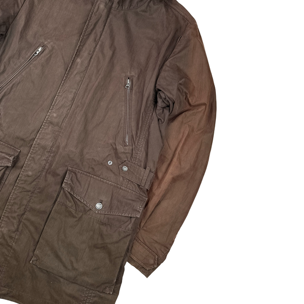 CP Company 2005 Brown Cotton Blend Lino Flax Lined Long Parka Jacket - Large
