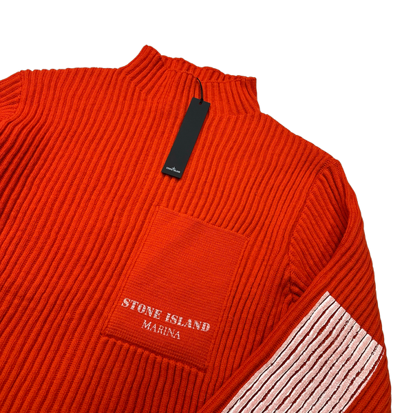 Stone Island 2023 Bright Red Lana Wool Painted Marina Ribbed Roll Neck - Large