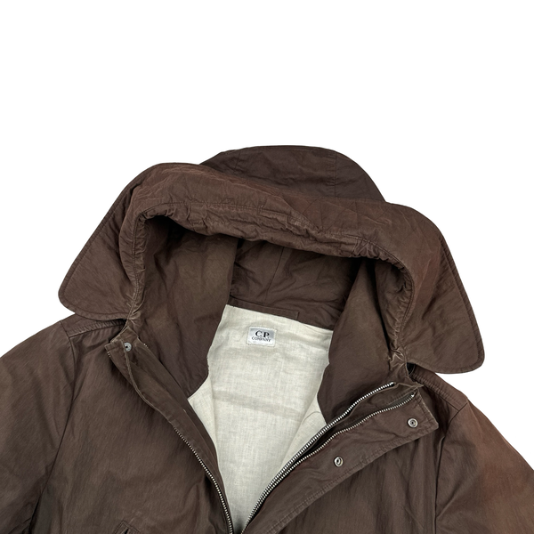 CP Company 2005 Brown Cotton Blend Lino Flax Lined Long Parka Jacket - Large