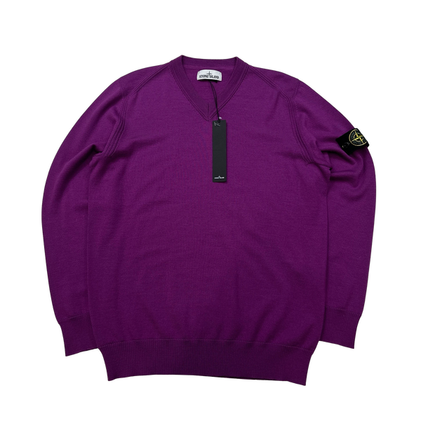 Stone Island Purple V Neck Wool Jumper - Large