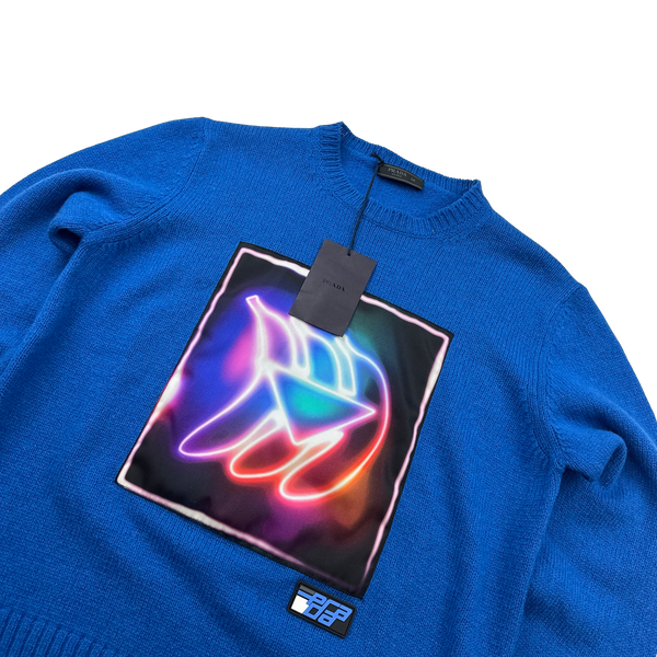 Prada Blue Virgin Wool Graphic Crewneck Jumper - Large