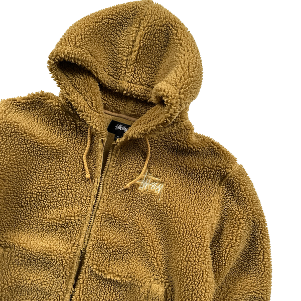 Stussy Teddy Fleece Zipped Hooded Spellout Jumper - Medium