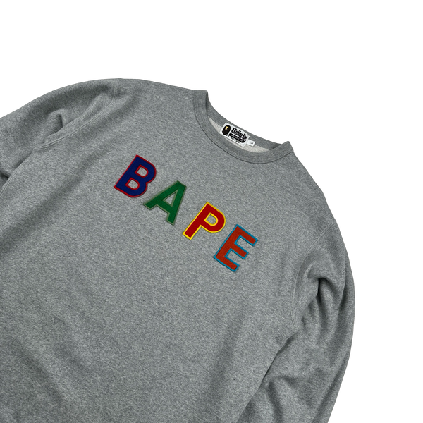 BAPE Spellout Grey Crewneck Jumper - Large