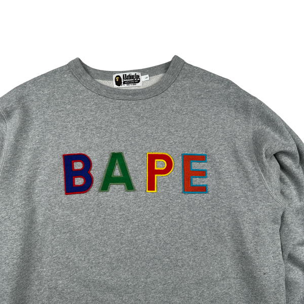 BAPE Spellout Grey Crewneck Jumper - Large