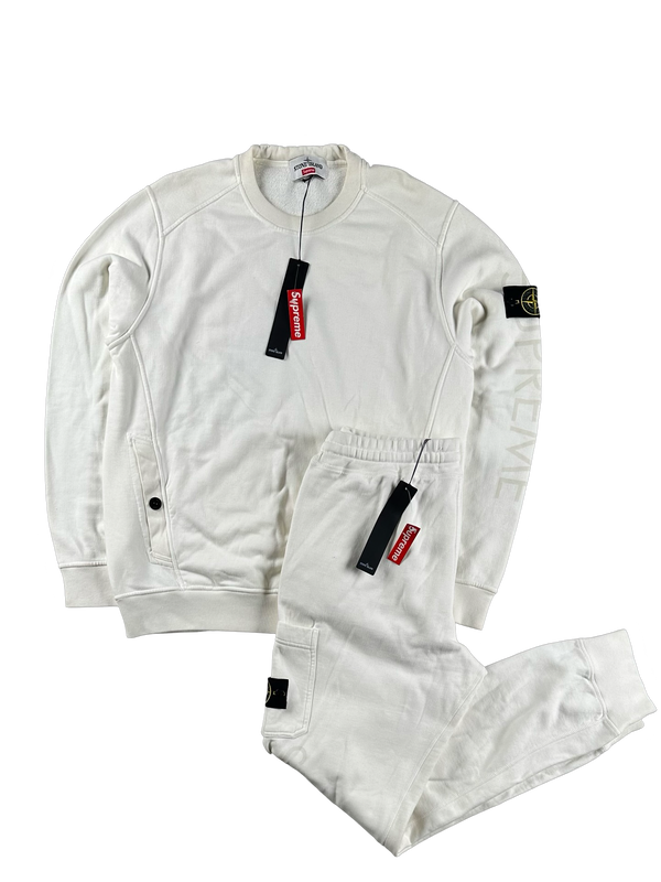 Stone Island Supreme 2014 White Cotton Spellout Tracksuit - XL