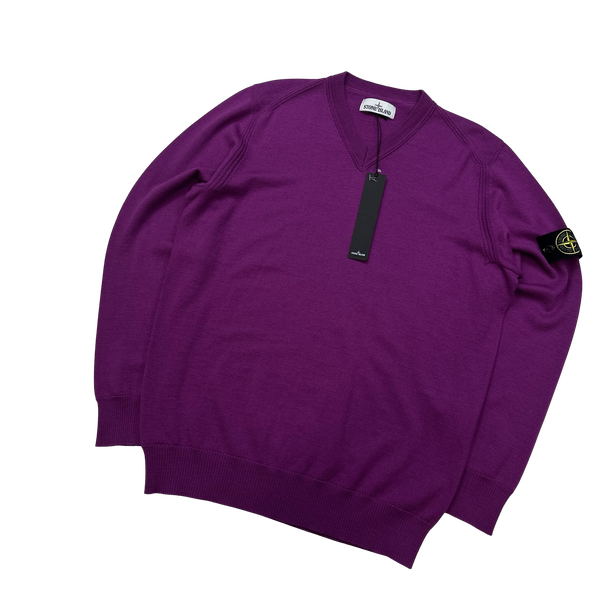 Stone Island Purple V Neck Wool Jumper - Large