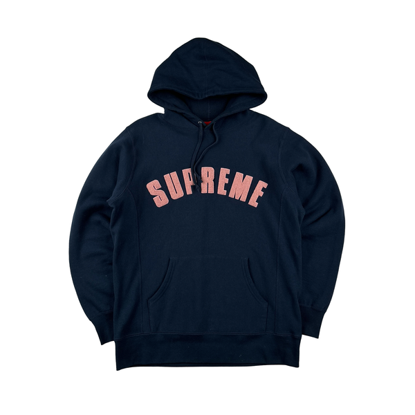 Supreme Navy Fleece Spellout Pullover Hoodie - Large