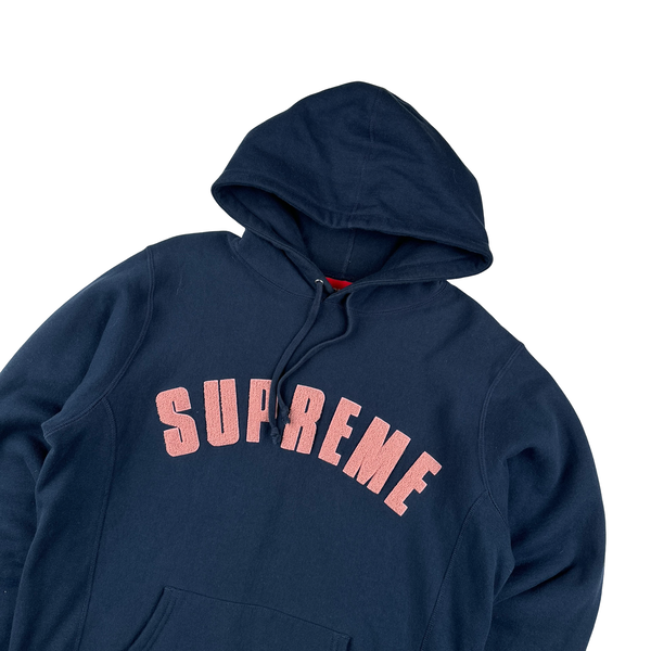 Supreme Navy Fleece Spellout Pullover Hoodie - Large