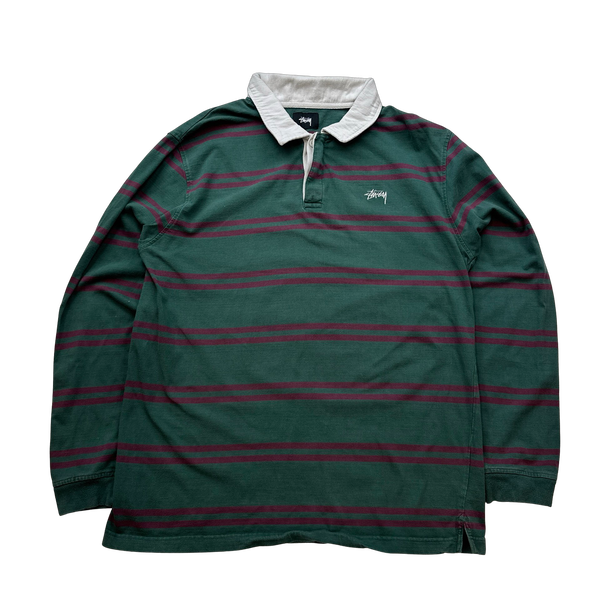 Stussy Green Striped Rugby Shirt - Large