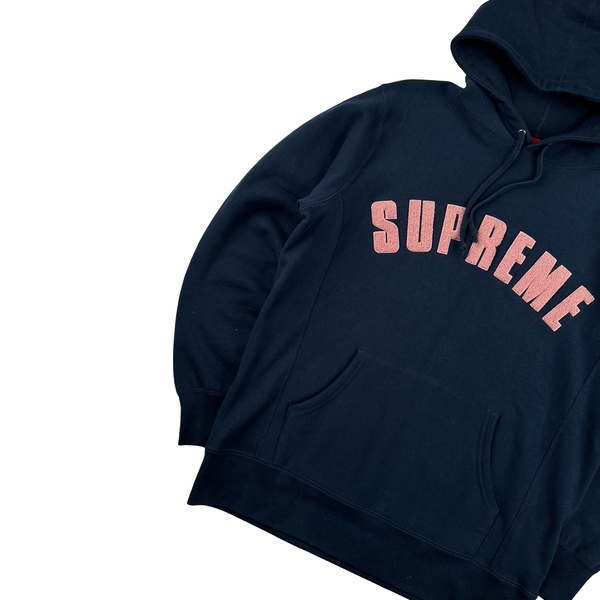 Supreme Navy Fleece Spellout Pullover Hoodie - Large