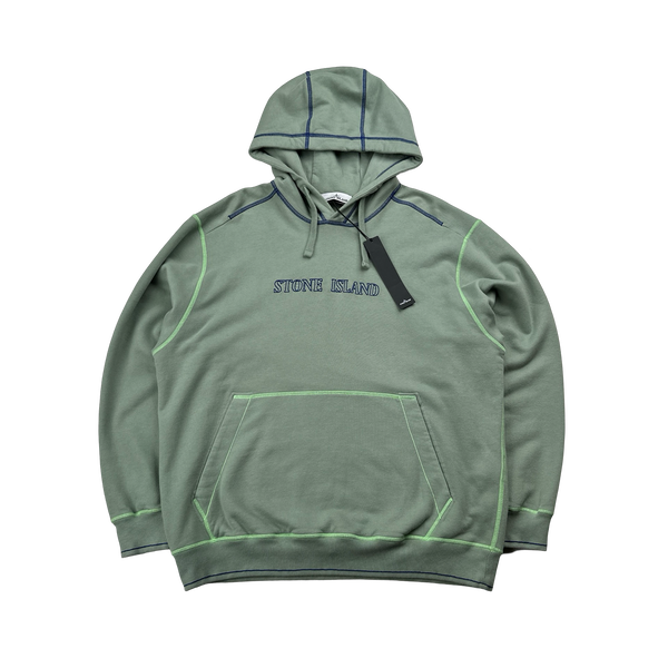 Stone Island 2023 Green Cotton Contrast Stitch Spellout Hoodie Large