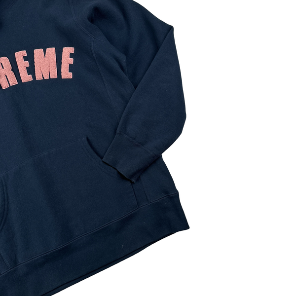 Supreme Navy Fleece Spellout Pullover Hoodie - Large