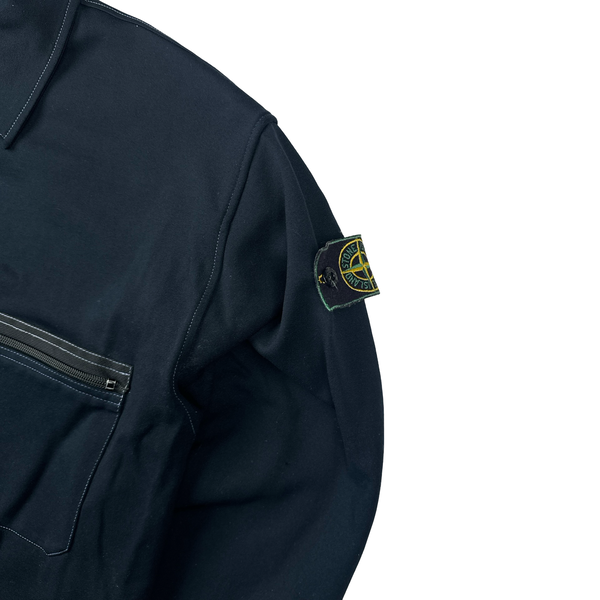 Stone Island 1996 Navy Contrast Stitch Poly Cotton Green Edged Overshirt - XXL