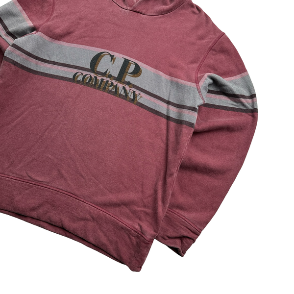 CP Company Burgundy Cotton Spellout Stripe Hoodie - Medium