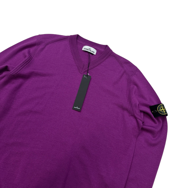 Stone Island Purple V Neck Wool Jumper - Large