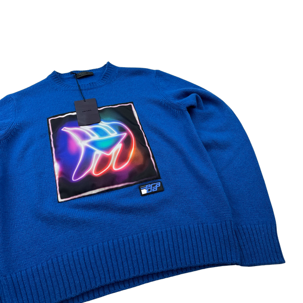 Prada Blue Virgin Wool Graphic Crewneck Jumper - Large