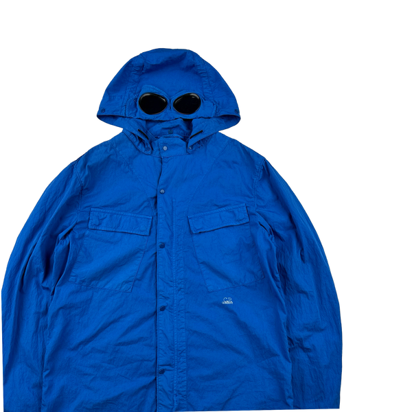 CP Company Blue Cotton Spellout Goggle Jacket - Large