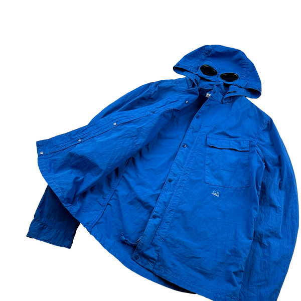 CP Company Blue Cotton Spellout Goggle Jacket - Large