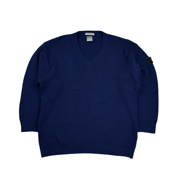 Stone Island 90s Blue Wool V Neck Vintage Jumper Large Mat s Island