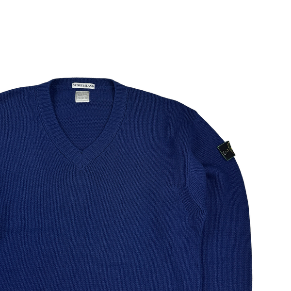 Stone Island 90s Blue Wool V-Neck Vintage Jumper - Large