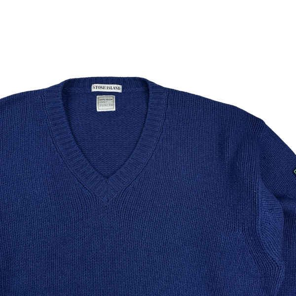 Stone Island 90s Blue Wool V-Neck Vintage Jumper - Large