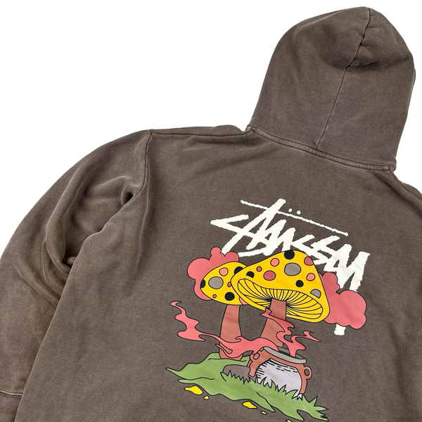 Stussy Brown Mushroom Graphic Print Cotton Pullover Hoodie - XL