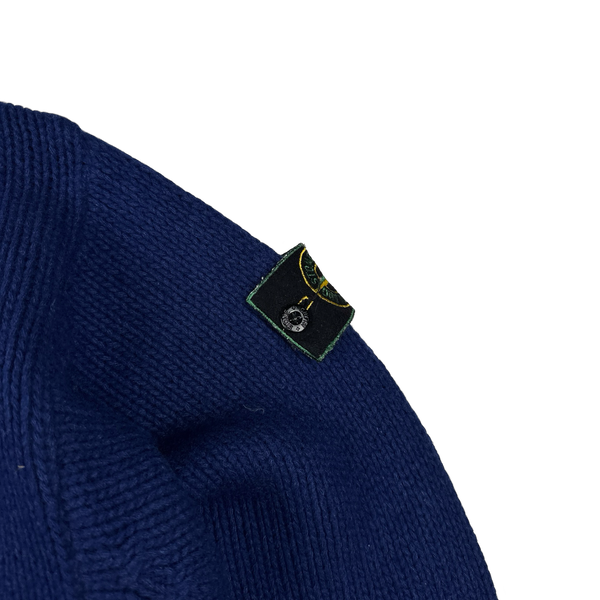 Stone Island 90s Blue Wool V-Neck Vintage Jumper - Large