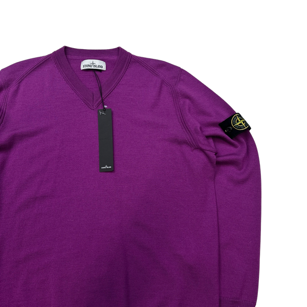 Stone Island Purple V Neck Wool Jumper - Large