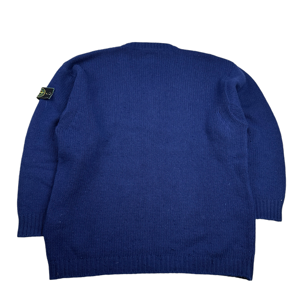 Stone Island 90s Blue Wool V-Neck Vintage Jumper - Large