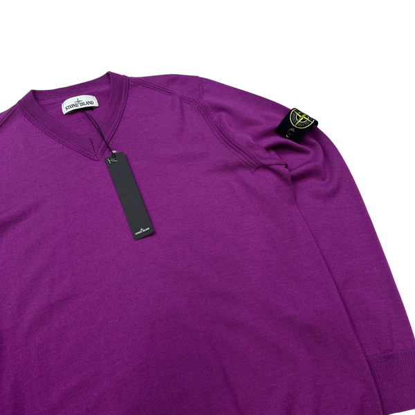 Stone Island Purple V Neck Wool Jumper - Large