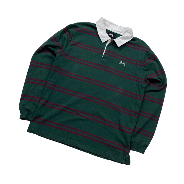 Stussy Green Striped Rugby Shirt - Medium