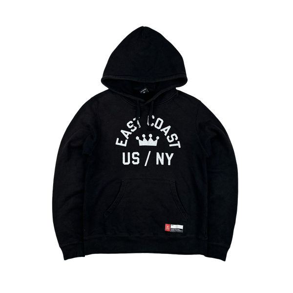 Stussy 90's Black Spellout East Coast Cotton Pullover Hoodie - Small