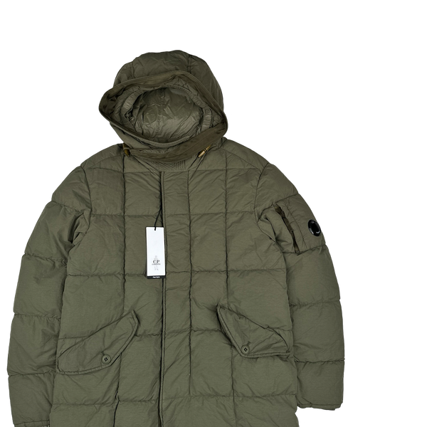 CP Company Khaki Flatt Nylon Down Filled Lens Viewer Long Puffer Jacket - Small