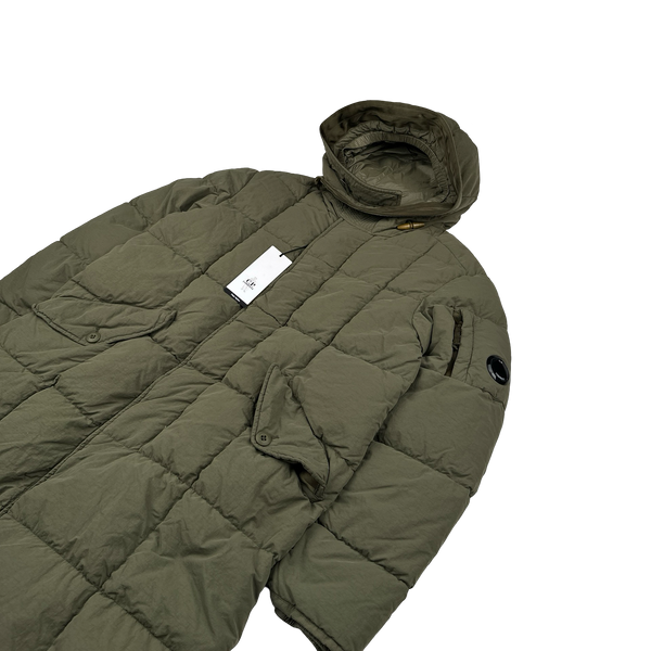 CP Company Khaki Flatt Nylon Down Filled Lens Viewer Long Puffer Jacket - Small