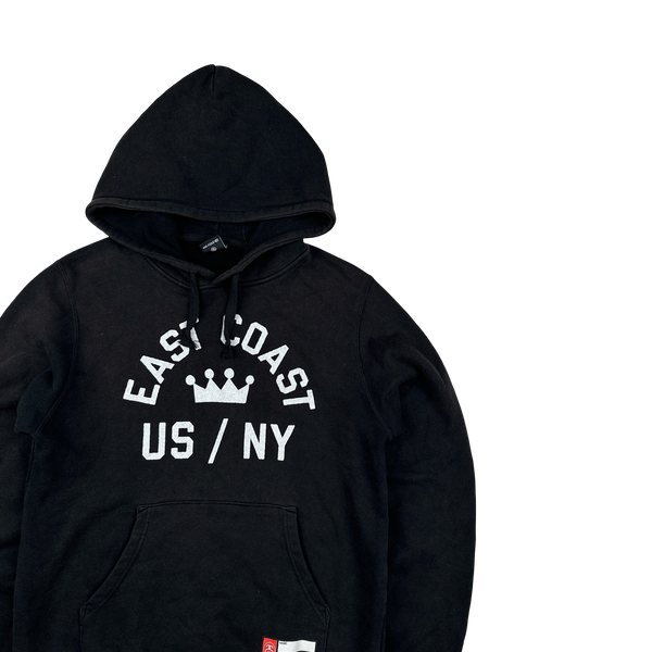Stussy 90's Black Spellout East Coast Cotton Pullover Hoodie - Small