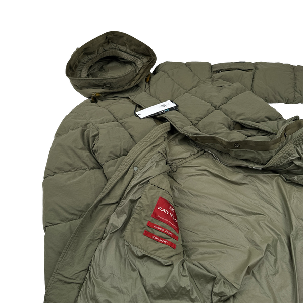 CP Company Khaki Flatt Nylon Down Filled Lens Viewer Long Puffer Jacket - Small